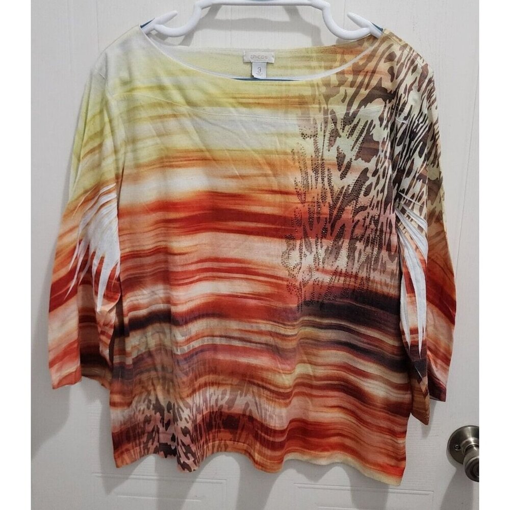 Chico's Women's 3/4 Sleeve Boat Neck Top Colorful Tropical Embellished Sz 3 (XL)